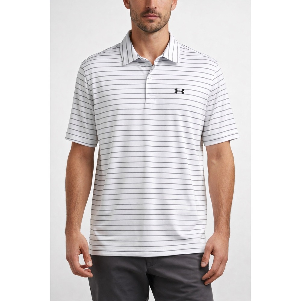 Under Armour Playoff Polo Men's Large White Gray Stripe Loose Fit Golf Shirt UA